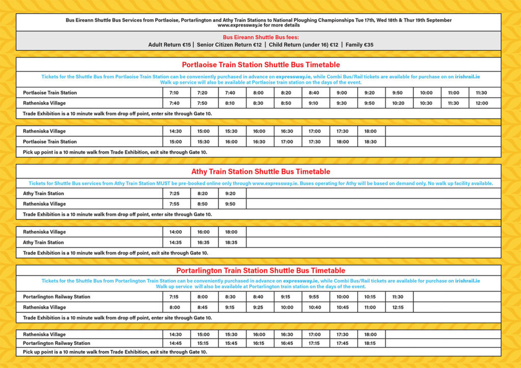 Shuttle coach timetable National Ploughing Championships from the nearby train stations