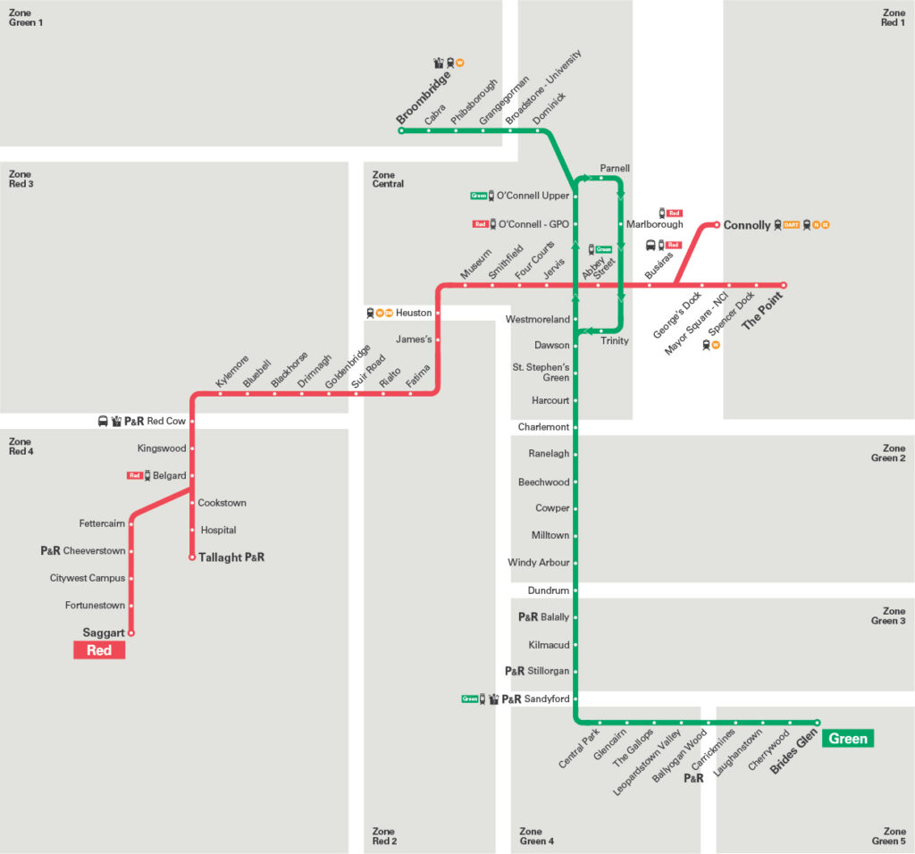 LUAS Map red line and green line - updated on 21st May 2024