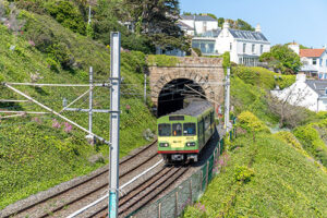 Dart Train irish rail under bridge in Dun laoghaire Dublin