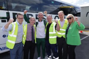 Irish Olympians arrive at Broadstone Bus Eireann depot to meet family and friends - greeted by NTA's Jennifer Gilna and Bus Eireann staff