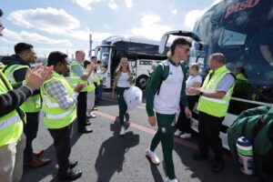 Irish Olympian Sharlene Mawdsley, 400m star, arrives at Broadstone Bus Eireann depot to meet family and friends - greeted by Bus Eireann staff