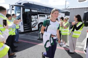 Irish Olympian Kate O’Connor, the Women's Heptathlon athlete, arrives at Broadstone Bus Eireann depot to meet family and friends - greeted by Bus Eireann staff