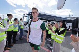 Irish Olympian Gold and Bronze medalist Daniel Wiffen arrives at Broadstone Bus Eireann depot to meet family and friends - greeted by Bus Eireann staff