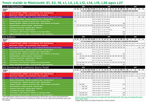 Frequency table for routes E1, E2, 19, L1, L2, L3, L12, L14, L15, L26 and L27 Treoir maidir le Minicíocht: E1, E2, 19, L1, L2, L3, L12, L14, L15, L26 agus L27